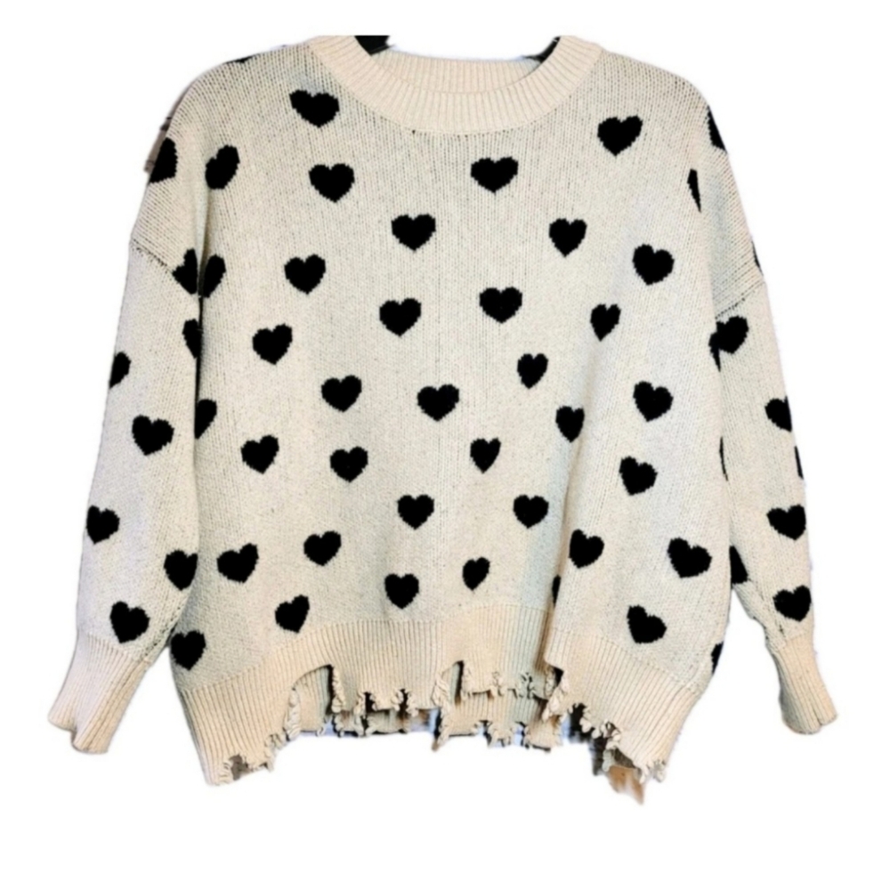 Dreamers By Debut Knit Chunky Heart Sweater Beige Multicolor Frayed Hem Size S